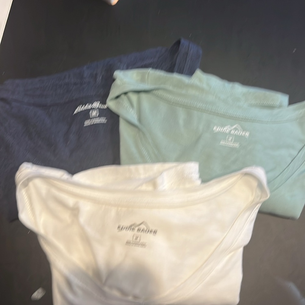 3 Eddie Bauer short sleeved tee shirts size medium. White/navy blue/lite green.
